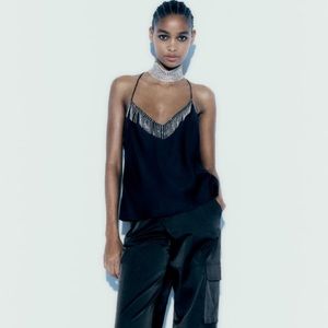 Zara Black Satin Camisole with Fringe Chain Detail